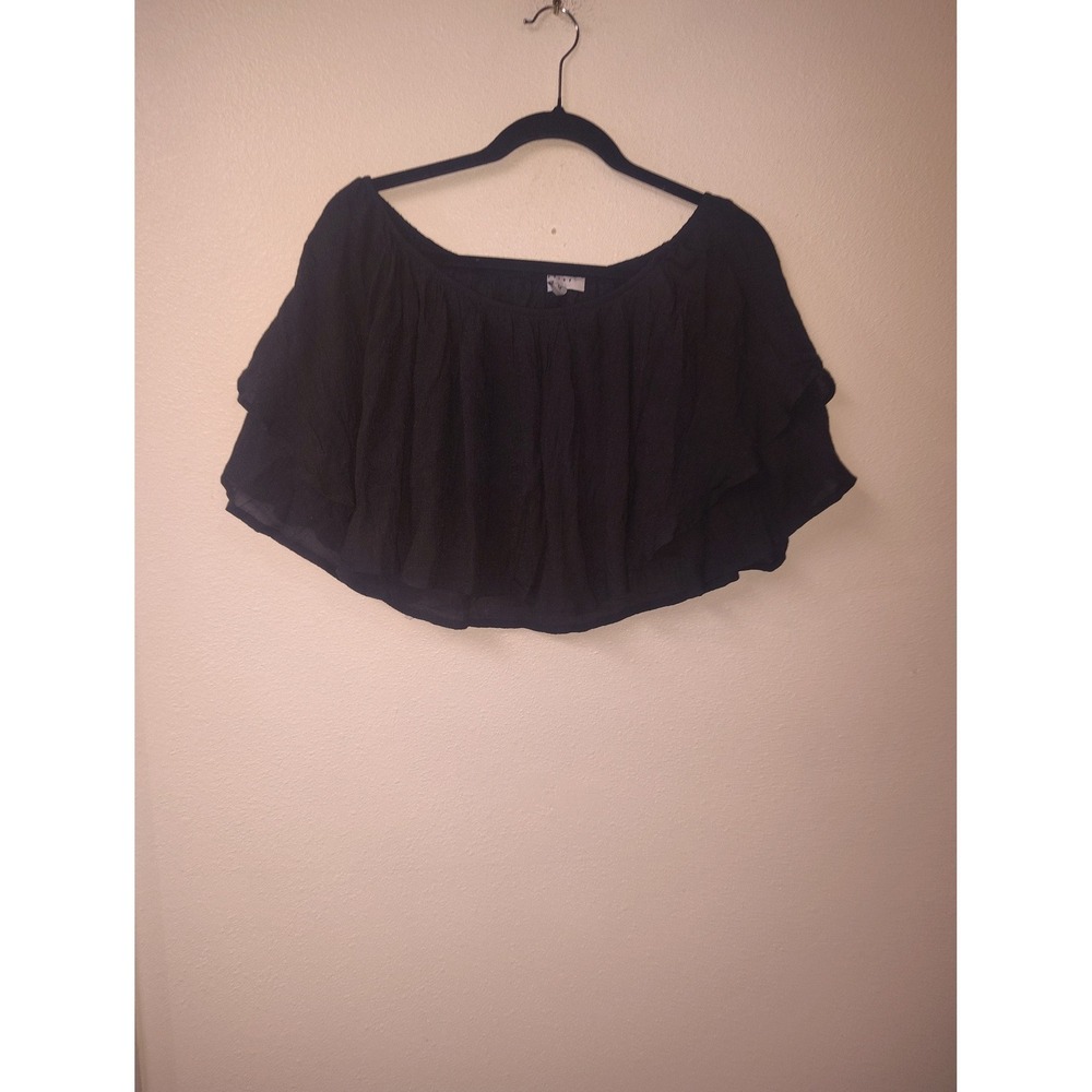Savlux Black Off The Shoulder Ruffle Tiered Crop Top Medium Boho Textured Crepe